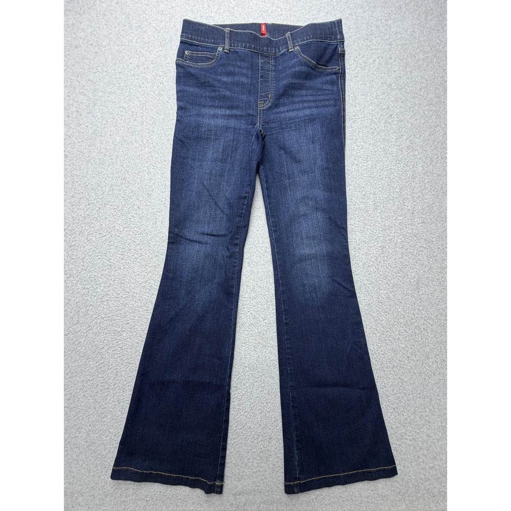 Spanx Jeans Womens L Blue Dark Wash Mid Rise Pull On Bootcut Stretch Denim